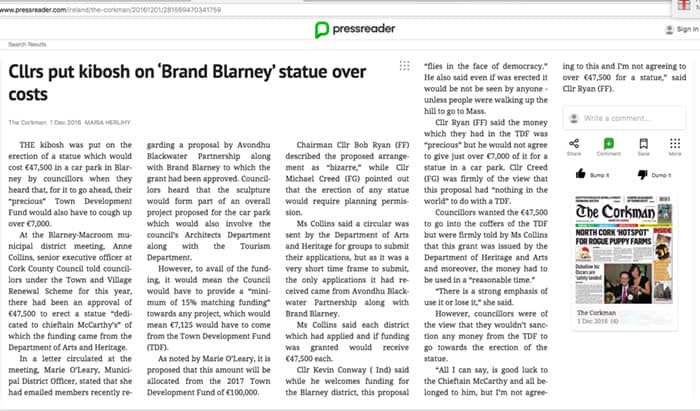 Cllrs put kibosh on Brand Blarney statue over costs
