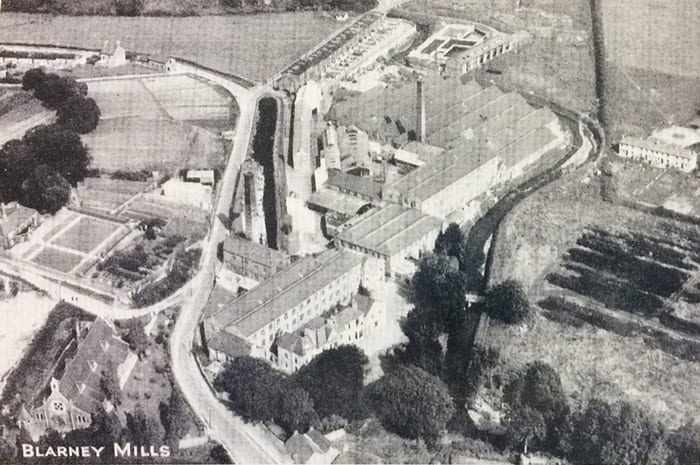 aerial shot of Blarney Woollen Mills with 2nd chimney stack in place